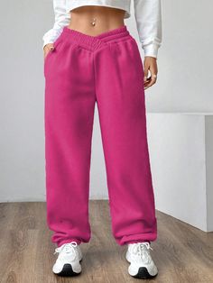 Women's Casual Basic V-Waist Sweatpants Hot Pink    Fabric Plain Jogger Slight Stretch  Women Clothing, size features are:Bust: ,Length: ,Sleeve Length: Pink Sportswear Sweatpants For Jogging, Sporty Pink Jogging Bottoms, Sporty Pink Full-length Bottoms, Trendy Full-length Pink Sweatpants, Pink Sweatpants With Pockets, Wide Leg, Pink Sweat, Womens Sweatpants, Tv Girls, School Outfit