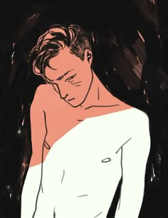 a drawing of a shirtless man with his head down and hands behind his back