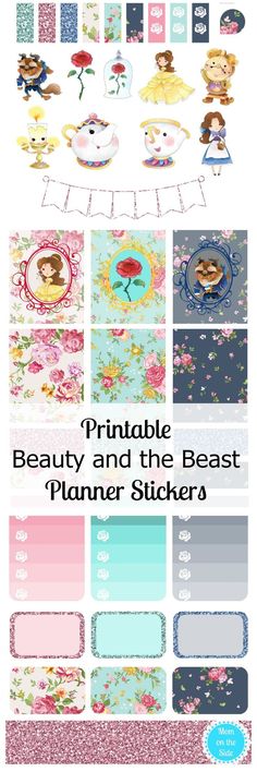 the printable beauty and the beast planner stickers are shown in different colors, sizes and