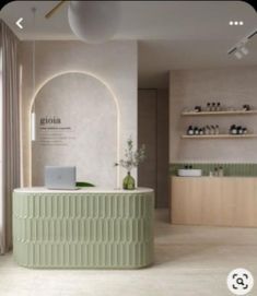 the interior of a beauty salon with green counter tops and white tile flooring on the walls