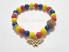 Wonder Woman Beaded Bracelet, Super hero Bracelets, Stretchy, Halloween,Handmade Women gifts,Custom Beaded Jewelry Wonder Woman Birthday Party, Wonder Woman Birthday, Festival Bracelets, Types Of Jewelry, Jewelry Girl, Spring Bracelet, Bling Earrings, Fun Bracelet, Pave Beads