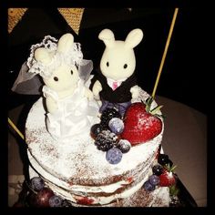 two stuffed animals are sitting on top of a cake with berries and strawberries in front of them