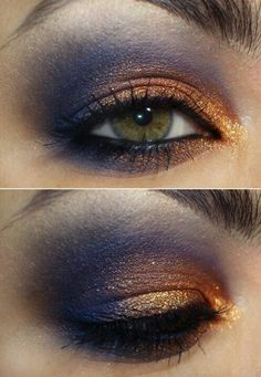 Copper and blue pop eyes Blue And Copper Eye Makeup, Copper Eyeshadow Blue Eyes, Copper And Blue Makeup, Navy And Gold Makeup, Celestial Eye Makeup, Navy Blue And Gold Makeup, Copper Eyeshadow Looks, Celestial Makeup Looks, Blue And Gold Eye Makeup