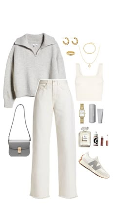 Spring outfit idea, fashion inspiration, motivation, grey sweater, white straight jeans, new balance shoes, grey handbag, accessories, golden jewells #ad #sponsored #affiliate Pullover - https://amzn.to/3JIK15z Jeans - https://amzn.to/3JCNCCd Top - https://amzn.to/4a3ULqg Shoes - https://amzn.to/49YmtV0 Bag - https://amzn.to/3UCgXmw Accessories - https://amzn.to/4aTZuM7 https://amzn.to/3WiA8mP https://amzn.to/3WiAb1Z https://amzn.to/3Wggt6U https://amzn.to/44fGB3Z https://amzn.to/4dgwks7 Grey Sweater White Jeans Outfit, High Waist Outfit Ideas, White Jeans With White Top, White Straight Leg Jeans Outfits Winter, Grey And Jeans Outfit, Outfits With White Bag, Pullover And Jeans Outfit, White And Grey Outfits For Women, Jeans And Top Outfit Casual