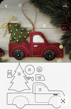 a christmas ornament with a red truck next to a tree and pine cones