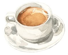 a watercolor painting of a cup of coffee on a saucer and saucer