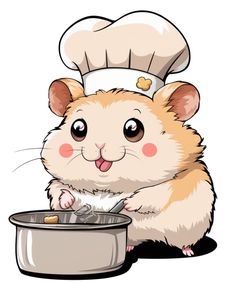 a cartoon hamster with a chef's hat on eating out of a pan