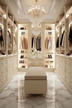 an elegant walk in closet with chandelier and shoes