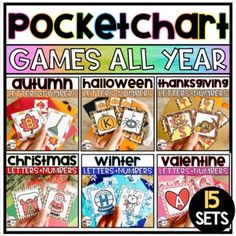 the pocket chart game all year for halloween and valentine's day, includes five different cards