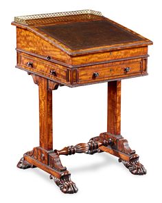 an antique wooden desk with two drawers on one side and a drawer on the other