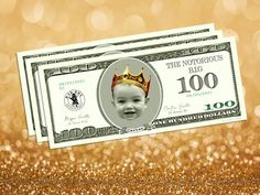 a $ 100 bill with a crown on top of it in front of gold glitter