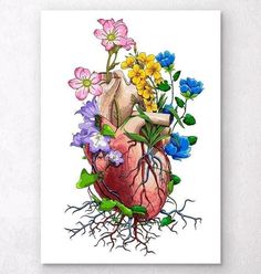 a drawing of a human heart surrounded by flowers