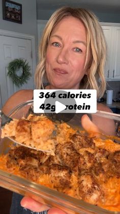 a woman holding up a casserole dish in her kitchen with the words 34 calories 42g rotten