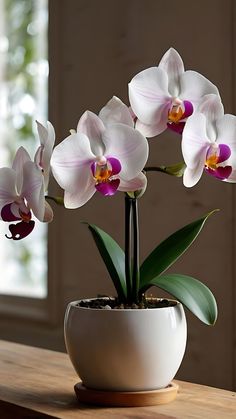 a potted plant with purple and white flowers in it on a wooden table next to a window