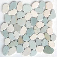 a pile of white and blue pebbles