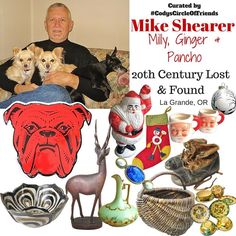 a man sitting on top of a couch with lots of different items around him and his dog