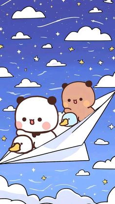 two teddy bears are flying in an origami plane with the sky and stars behind them