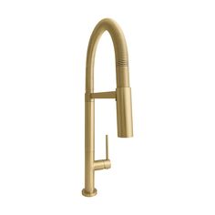 the brass faucet is attached to the wall, and has an angled spout