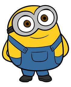 a cartoon minion with big eyes and overalls standing in front of the camera