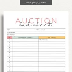 printable template page with columns and rows related to silent auction bid sheet Auction Table Display Ideas, Derby Gala, Crab Feed, Auction Event