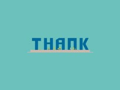 the word thank written in blue and green on a light blue background with small trees