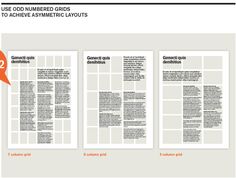 three pages with text and an orange speech bubble above them that says, use odd numbered grids to achieve asymmic layouts