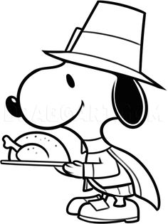 a black and white drawing of a person holding a turkey on a plate with a hat