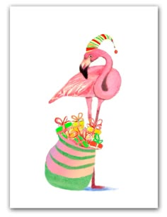 a pink flamingo standing on top of a green and white vase filled with candy