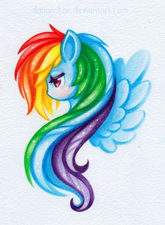 a drawing of a rainbow colored pony with wings on it's head and tail