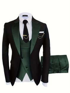 kkboxly Formal 3 Pieces Set, Men's One Button Suit Jacket & Vest & Pan – Kkboxly™ Business Dinner, Elegant Vest, Royal Green, Party Fits, Lapel Blazer, Dinner Wedding, Jacket Vest, Color Champagne, Slim Fit Suit