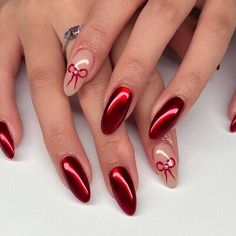 christmas nails Red Nail Designs Birthday, Simple Girly Nails, Simple Red Nail Designs, Holiday Nails Simple, Valentino 2024, Red Chrome Nails, Coquette Nails, Chrome Nails Designs, Red Nail Designs