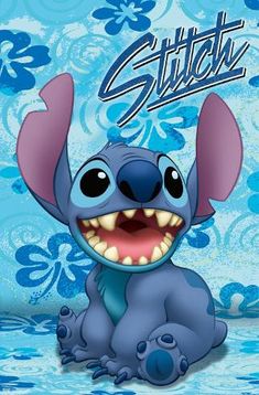 an image of stitch with the name stitch on it's face and smiling baby elephant