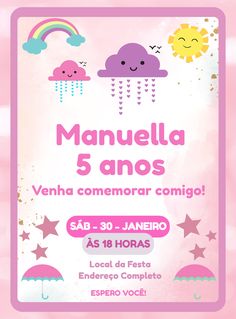 the poster for an event with umbrellas and clouds in pink, yellow and blue