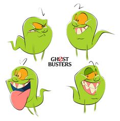 four cartoon green monsters with different expressions