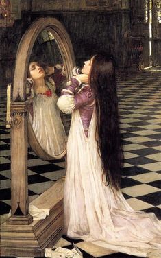 a painting of a woman looking at herself in the mirror with her long hair blowing out