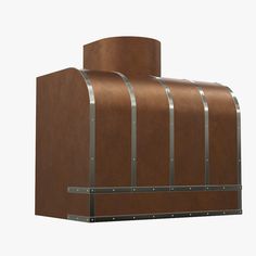 a brown leather fireplace cover with metal straps on the front and sides, set against a white background