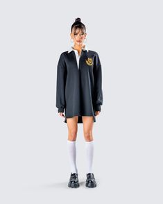 This fit's for our baddies who like to teach them a lesson 😜 Crafted from french terry shelf fabric and complete with a cotton shirting contrast collar, an inside button placket, and embroidery on the left chest - this black rugby polo dress will make sure they are all taking notes 💙 Rugby Polo, Black Off Shoulder, Taking Notes, Contrast Collar, White Jersey, Cargo Pant, Pocket Pants, Polo Dress, White Mini Dress