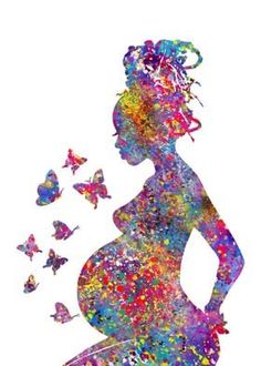 the silhouette of a pregnant woman surrounded by butterflies