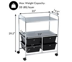 a metal cart with three black baskets on it and measurements for the width of each basket