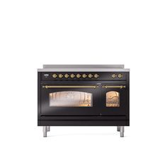 a black oven with gold knobs on the front and side doors is against a white background