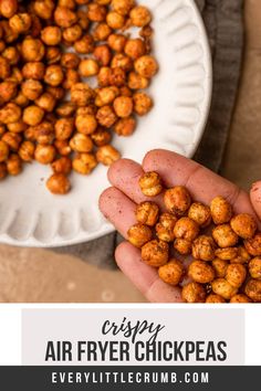 crispy air fryer chickpeas on a white plate with text overlay