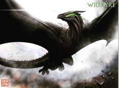 a black dragon flying through the air with it's wings spread