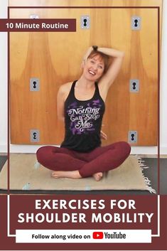 a woman is sitting on the floor with her hands behind her head and arms above her head