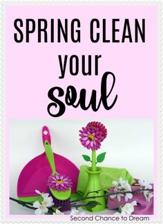 the words spring clean your spirit are in black and white letters, with pink flowers