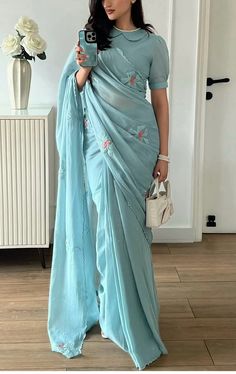 Farewell Saree Inspiration, Western Blouse Designs For Saree, Pastel Saree For Farewell, Saree Look Aesthetic, Modest Saree Blouse, Blue Saree Aesthetic, Day Saree Look, Elegant Saree For Farewell, Farewell Sarees For Teens