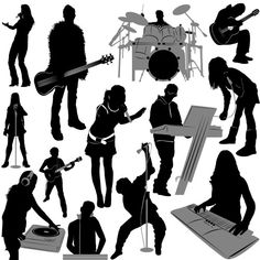 various silhouettes of people playing musical instruments and singing, including a man with a guitar