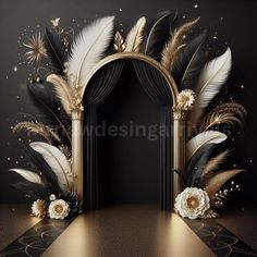 an arch decorated with white flowers and black feathers on a dark background, surrounded by golden accents