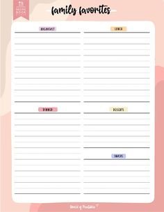 the printable family favorites list is shown in pink and blue, with an abstract background