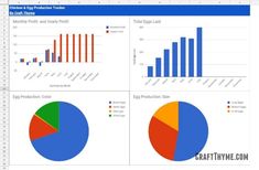 the dashboard screen shows graphs and pies for different types of products in each section