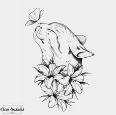 a black and white drawing of a cat with flowers on it's back side